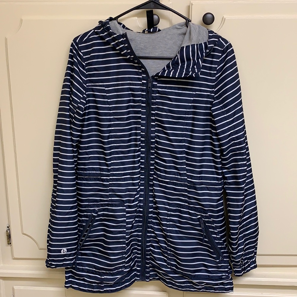 Navy and white striped rain jacket
